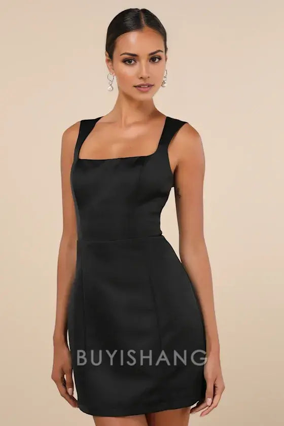 Buyishang Elegant Black Satin Square - Neck Mini Dress: Timeless Choice for Cocktail Parties